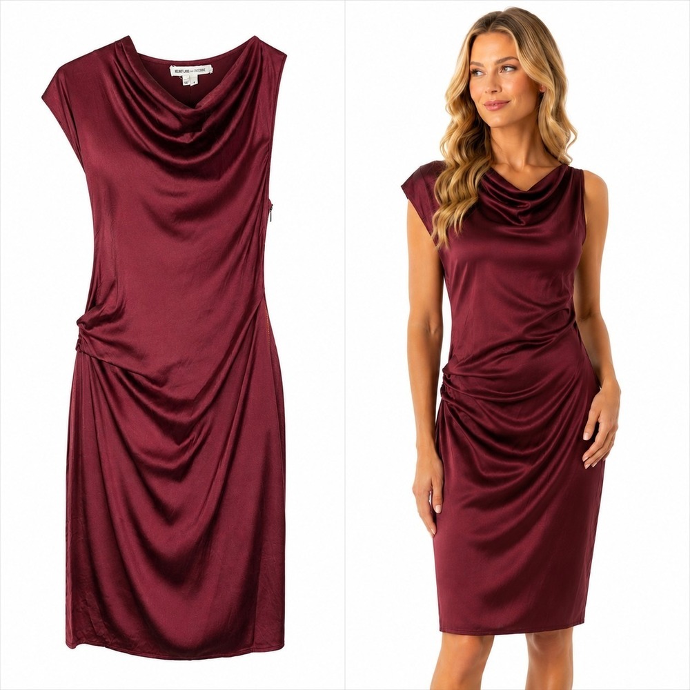 Helmut Lang Intermix Silk Dress 4 Sheath Maroon Cowl Ruched Designer Luxury Luxe